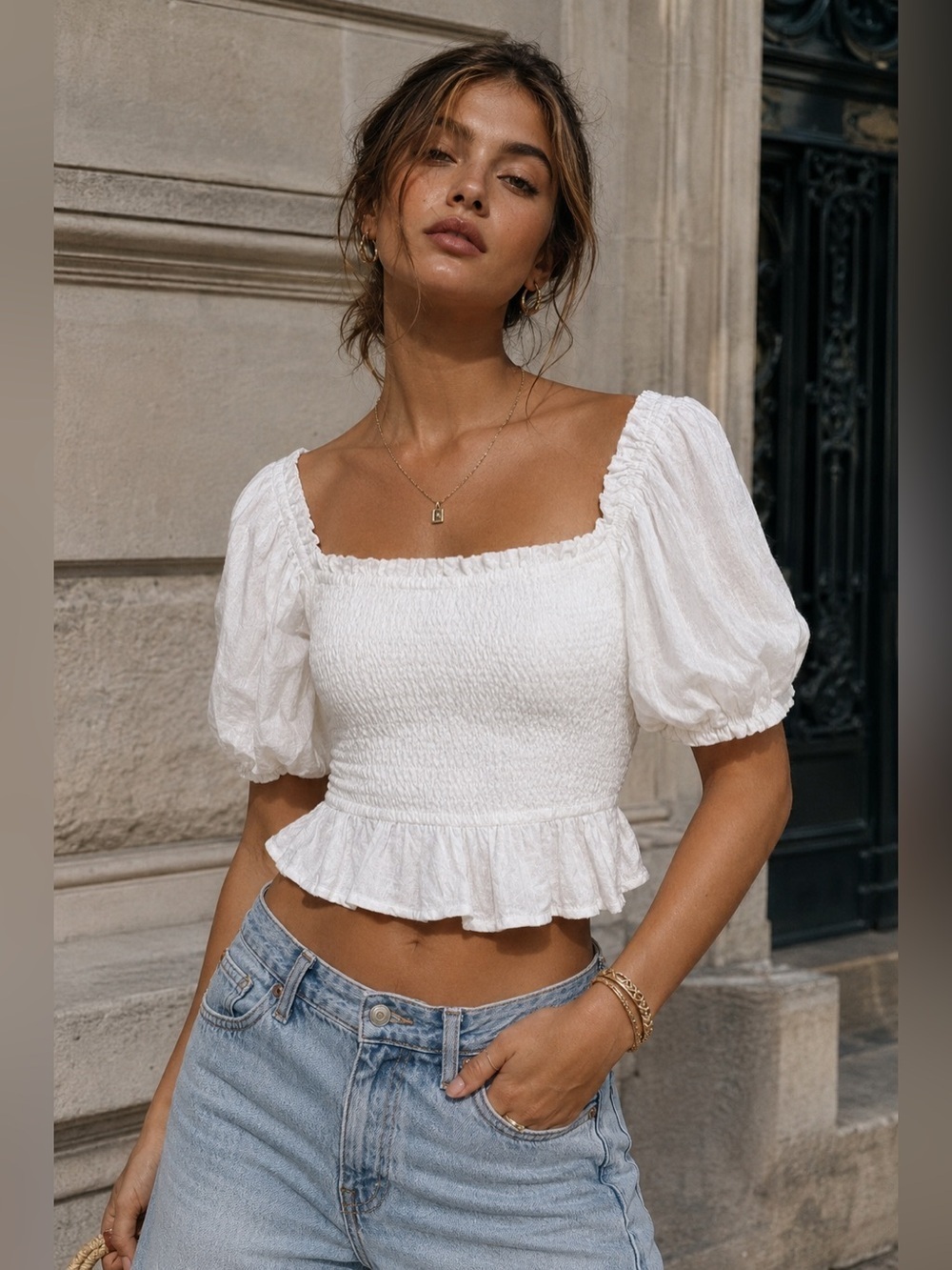 Lost + Wander NWT Coconut Vine Babydoll Smocked Top – White
